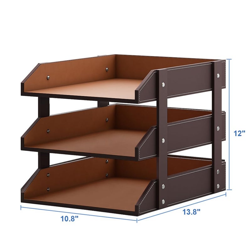 Thipoten Leather Desk Organizer, Thipoten 3-Tier Stackable Letter Tray Holder for Office Supplies, Paper, File, Magazine, Perfect Office Organization for Desktop (Brown-3Tiers) - Image 2